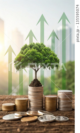 Sustainable Financial Growth and Wealth Accumulation Concept.A tree growing on stacked coins with rising arrows, symbolizing successful long-term investment and green economy. 135595074