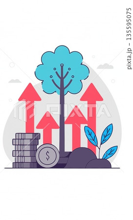 Sustainable Financial Growth and Wealth Accumulation Concept.A tree growing on stacked coins with rising arrows, symbolizing successful long-term investment and green economy. 135595075