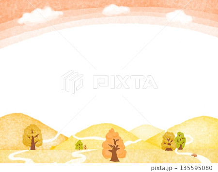 秋空の夕暮れ時に秋の山と道と道路を走っている一台のオレンジの車のフレームイラスト 135595080