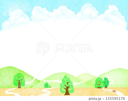 青空の下に緑の山と道と道路を走っている一台のオレンジの車のフレームイラスト 135595178