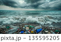 Polluted beach with plastic waste and stormy sea 135595205