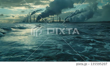 Ocean pollution near industrial factory under dark sky 135595207