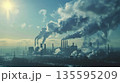 Air pollution from industrial factory chimneys under sunlight 135595209