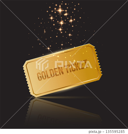 Golden ticket with stars confetti on black background. Gold coupon, sticker or discount tag mockup. Cinema, theater, concert, party, event, festival invitation entrance. Realistic vector illustration 135595285