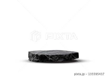 Stone podium background. Rock stand product display. Natural black marble pedestal on white wall for product placement. Modern minimal cosmetic design. Fashion beauty realistic vector illustration 135595437