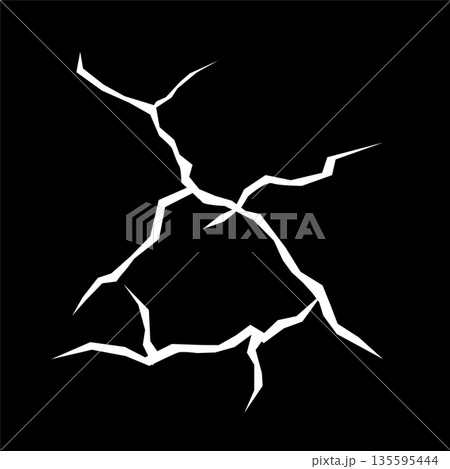 White ground crack or lightning, land surface and breaks from earthquake isolated on black background. Light fractures, fissure in ground, crevices from disaster or drought vector illustration White ground crack or lightning, land surface and breaks from earthquake isolated on black background. Light fractures, fissure in ground, crevices from disaster or drought vector illustration 135595444