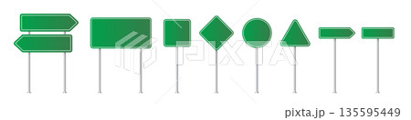 Road traffic signs of different shapes on metal poles vector illustration set. 3d realistic green blank street signboards. Isolated empty roadside signposts to notice information, danger, guide Road traffic signs of different shapes on metal poles vector illustration set. 3d realistic green blank street signboards. Isolated empty roadside signposts to notice information, danger, guide 135595449