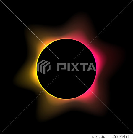 Neon color round frame with gradient effect. Abstract blurred red yellow light circle background. Colored bright blending wavy icon. Colorful geometric graphic vector illustration isolated on black Neon color round frame with gradient effect. Abstract blurred red yellow light circle background. Colored bright blending wavy icon. Colorful geometric graphic vector illustration isolated on black 135595451