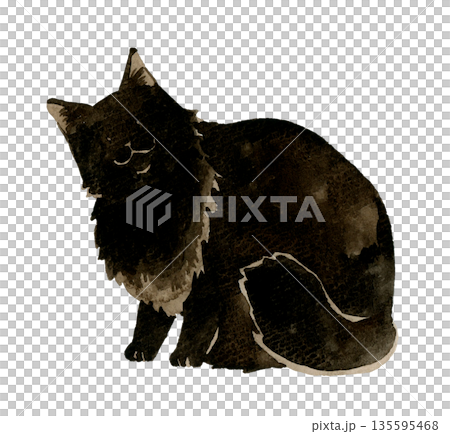 座る黒色の長毛猫　ペット・動物の手描き水彩イラスト素材 135595468