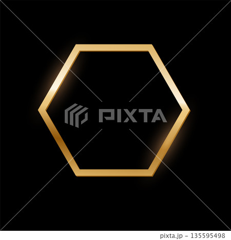 Golden hexagon photo frame on black background. Gold button. Blank space for picture, painting, card. 3d realistic empty template vector illustration. Simple object mockup 135595498