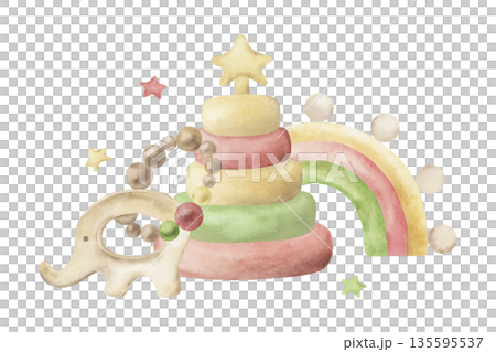 A watercolor illustration of educational wooden eco-friendly toys for a baby. The elephant rattle, pyramid, rainbow, and stars are hand-drawn in soft pastel colors. Designed for a child's room A watercolor illustration of educational wooden eco-friendly toys for a baby. The elephant rattle, pyramid, rainbow, and stars are hand-drawn in soft pastel colors. Designed for a child's room 135595537
