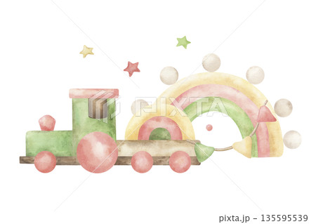 A composition of wooden educational toys for a toddler. The hand-drawn watercolor illustration features an eco-friendly, boho style in soft pastel shades. Suitable for children's party designs A composition of wooden educational toys for a toddler. The hand-drawn watercolor illustration features an eco-friendly, boho style in soft pastel shades. Suitable for children's party designs 135595539