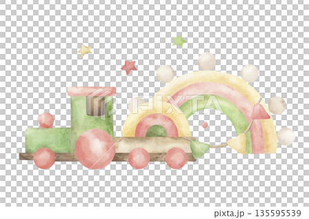 A composition of wooden educational toys for a toddler. The hand-drawn watercolor illustration features an eco-friendly, boho style in soft pastel shades. Suitable for children's party designs A composition of wooden educational toys for a toddler. The hand-drawn watercolor illustration features an eco-friendly, boho style in soft pastel shades. Suitable for children's party designs 135595539