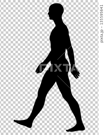 良い姿勢で手を振って歩く男性のシルエット 全身横向き モノクロ 135595641
