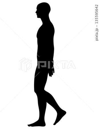 正しい姿勢で立っている男性のシルエット 全身横向き モノクロ 135595642