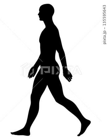 きれいな姿勢で歩く男性のシルエット 全身横向き モノクロ 135595643