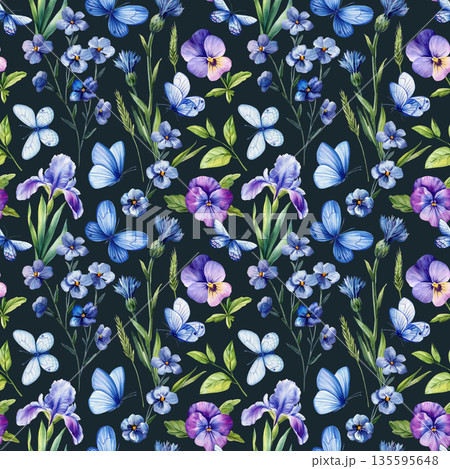 Blue butterfly watercolor pattern with iris pansy cornflowers and wildflowers background for spring textile and wrapping Blue butterfly watercolor pattern with iris pansy cornflowers and wildflowers background for spring textile and wrapping 135595648