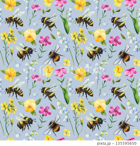 Watercolor bee pattern with bumblebees pansy lily of the valley bluebells and mustard flowers blue background Watercolor bee pattern with bumblebees pansy lily of the valley bluebells and mustard flowers blue background 135595650
