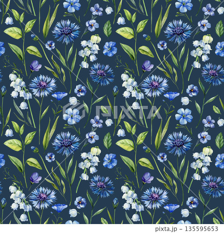Blue cornflower watercolor pattern with bluebells flax flowers and leaves on dark background for spring fabric and wallpaper Blue cornflower watercolor pattern with bluebells flax flowers and leaves on dark background for spring fabric and wallpaper 135595653