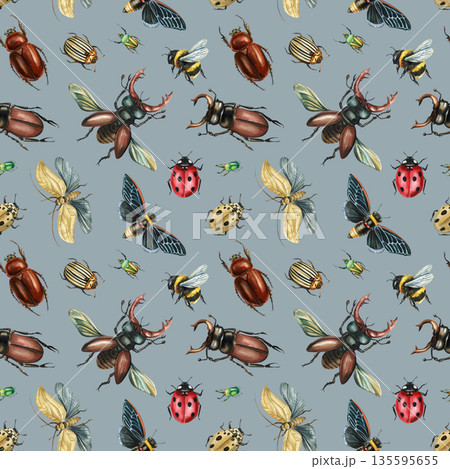Watercolor insect pattern with beetles moths bumblebee and ladybug on gray background for fabric wallpaper 135595655