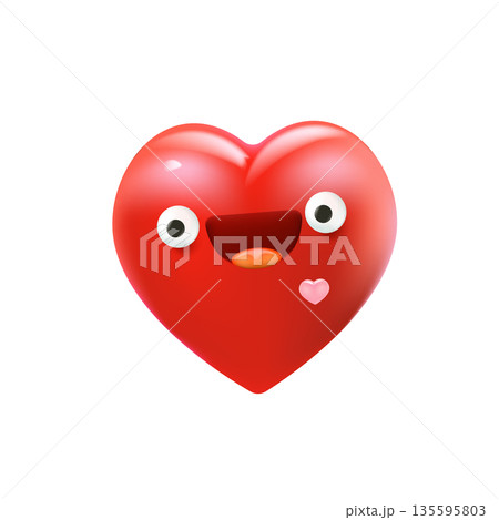Vector cartoon heart character with smiling face 3d style. Valentines day red funny and cute heart emoji character isolated on white background. Conceptual valentines day comic funky kids sticker 135595803