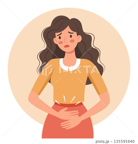 Woman suffering from abdominal pain and discomfort. Healthcare and medicine illustration. Woman suffering from abdominal pain and discomfort. Healthcare and medicine illustration. 135595840