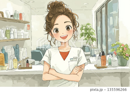 美優シリーズ：美容サロンで笑顔の受付対応をする女性スタッフ｜接客・採用向けイラスト 135596266