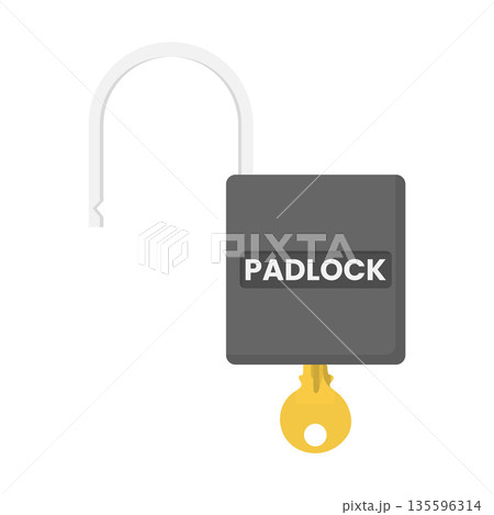 Unlocked Padlock with Key Flat Illustration. Clean Icon Design Element on Isolated White Background Unlocked Padlock with Key Flat Illustration. Clean Icon Design Element on Isolated White Background 135596314