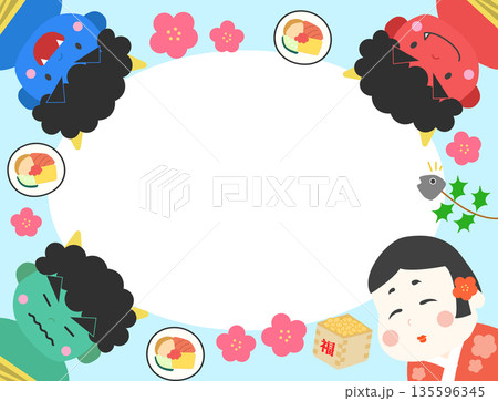 節分素材 鬼・お多福・節分素材 フレーム背景素材 青 節分素材 鬼・お多福・節分素材 フレーム背景素材 青 135596345