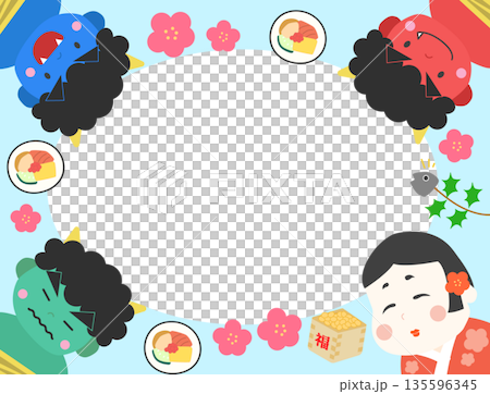 節分素材：惡魔、禦福、節分素材、邊框背景素材、藍色 135596345