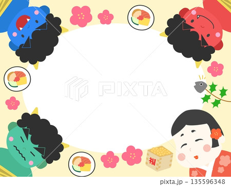 節分素材　鬼・お多福・節分素材　フレーム背景素材　黄 135596348