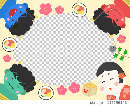 節分素材　鬼・お多福・節分素材　フレーム背景素材　黄 135596348