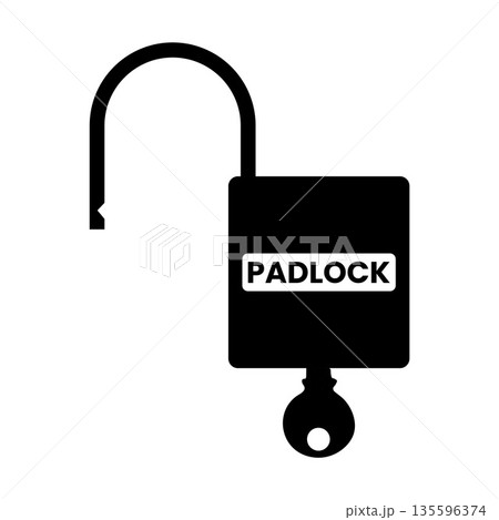 Unlocked Padlock with Key Silhouette. Black and White Icon Design Elements on Isolated White Background 135596374