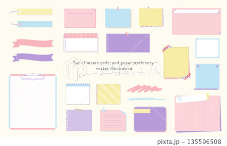 パステルカラーのかわいい付箋とメモ帳のセット・文房具イラスト素材 135596508
