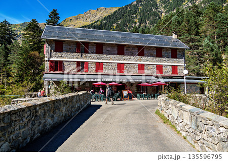 Hotel at the Pont d'Espagne Bridge in Cauterets, Pyrenees , Fran Hotel at the Pont d'Espagne Bridge in Cauterets, Pyrenees , Fran 135596795