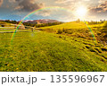 rural landscape in spring at sunset. haystack near wooden fence on green meadow in evening light. spruce forest on rolling hills. mountain with snow tops. timeless nostalgia book cover with rainbow 135596967
