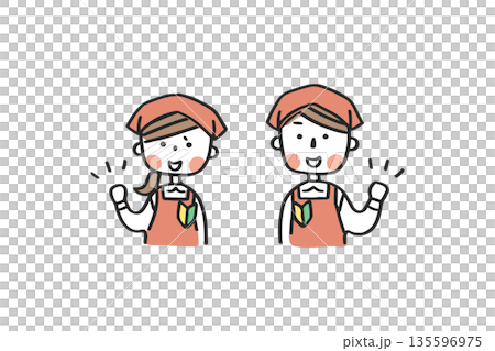 ガッツポーズをするエプロンにバンダナ姿の男女　初心者マーク 135596975