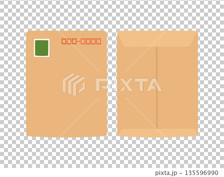 一張A4大小的棕色信封，上面貼有郵票，信封正反面都有插圖。 135596990