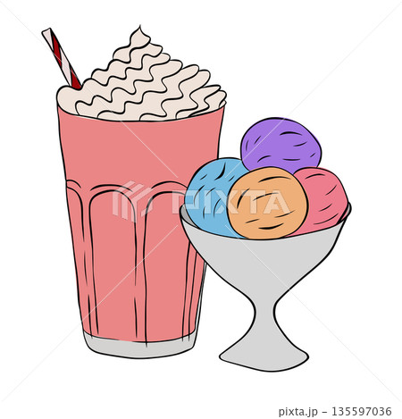 Milkshake Frappe Creamy Beverage Drink Icon ice cream Cafe composition hand drawn illustration. Vector graphic line ink colored art. For logo, web, package, sticker. Milkshake Frappe Creamy Beverage Drink Icon ice cream Cafe composition hand drawn illustration. Vector graphic line ink colored art. For logo, web, package, sticker. 135597036