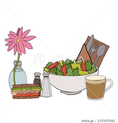 flower, sandwich, salt shaker, salad, coffee Cafe composition hand drawn illustration. Vector graphic line ink colored art. For poster, invitation, backdrop, ad, sale promotion, print for t-shirt 135597042