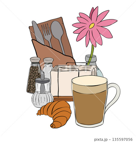 breakfast Cafe composition hand drawn illustration. Vector graphic line ink colored art. coffee, croissant, salt, pepper, sugar, flower, napkin, fork, knife, spoon. 135597056