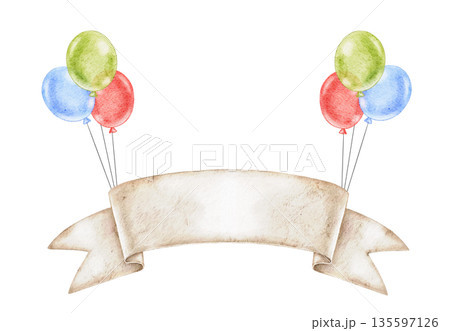 Composition of Paper banner with colorful green, blue and red balloons, watercolor illustration for name or text isolated on white. For event invitation, baby shower, birthday decor 135597126