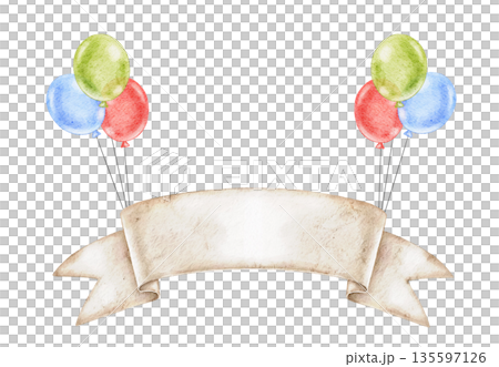 Composition of Paper banner with colorful green, blue and red balloons, watercolor illustration for name or text isolated on white. For event invitation, baby shower, birthday decor 135597126