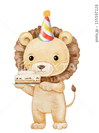 Watercolor cute celebrating lion in a party hat holding a plate with Birthday cake with burning candles. 135597128