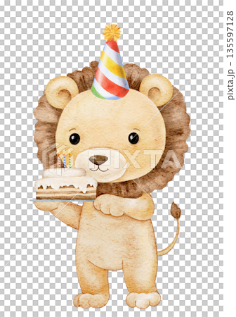 Watercolor cute celebrating lion in a party hat holding a plate with Birthday cake with burning candles. 135597128