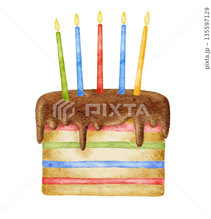 Watercolor rainbow cake with chocolate topping and colorful red, green, blue and yellow burning candles, isolated on white Birthday illustration, party event 135597129