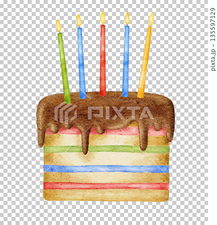 Watercolor rainbow cake with chocolate topping and colorful red, green, blue and yellow burning candles, isolated on white Birthday illustration, party event 135597129