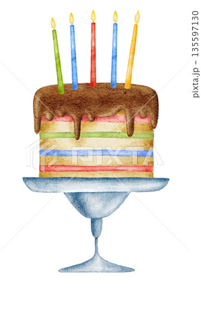 Watercolor rainbow cake on a stand with chocolate topping and colorful red, green, blue and yellow burning candles, isolated on white Birthday illustration, party event 135597130