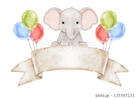 Watercolor illustration of cute baby Elephant with colorful red, blue and green balloons and paper banner, place for text or name. For Birthday decor, baby shower, greeting cards 135597131