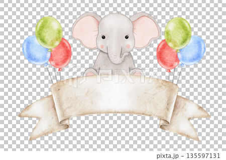 Watercolor illustration of cute baby Elephant with colorful red, blue and green balloons and paper banner, place for text or name. For Birthday decor, baby shower, greeting cards 135597131